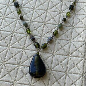 Vintage Boho Glass Necklace 19” with Green Beads & Teardrop Pendant